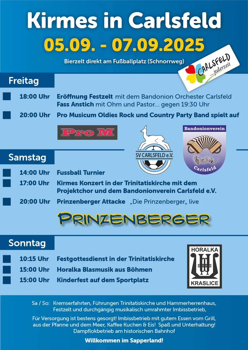 Übersicht der Veranstaltungen Kirmes Carlsfeld vom 05.09.25 - 07.09.25